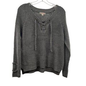 It's Our Time Women's Knit Pullover Sweater Lace Up Neck Gray Size Medium
